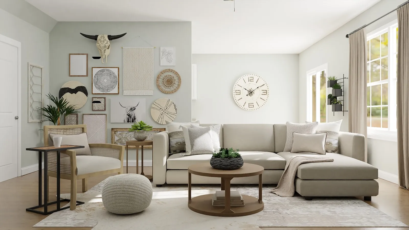 Light-filled living room, styled and dusted
